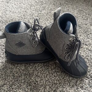 Gray and navy Kids Sperry Boots